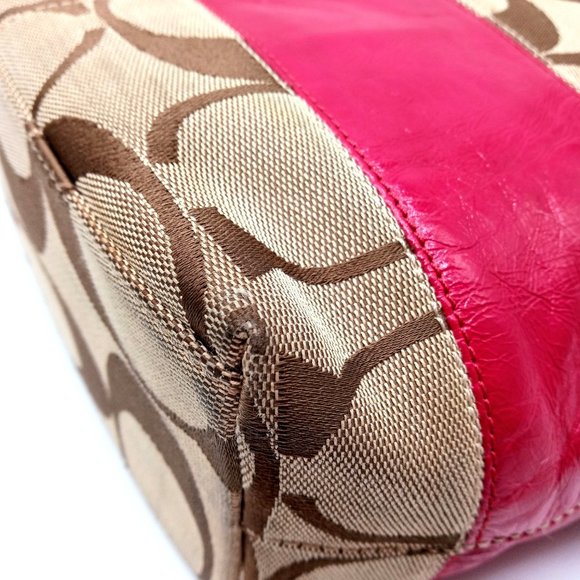 EUC Coach Signature Stripe Patent Leather Tote Shoulder Bag Khaki Pink 12429. - Picture 11 of 15